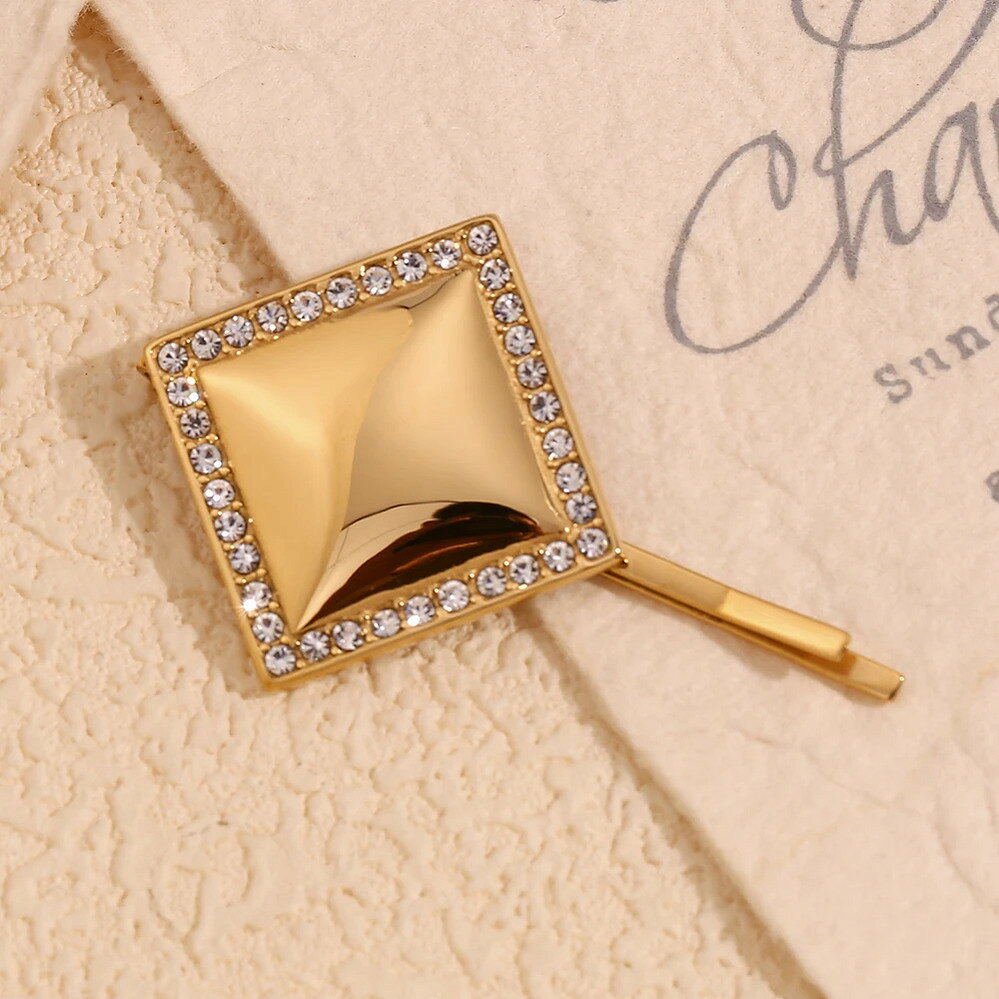 【クーポン利用で4100円】 ヘアークリップ ステンレス ゴールド スクエア ムース スムーズ 四角 エッジ ヘアー クリップ 防水 18K プレート アクセサリー 316L スチール ピン