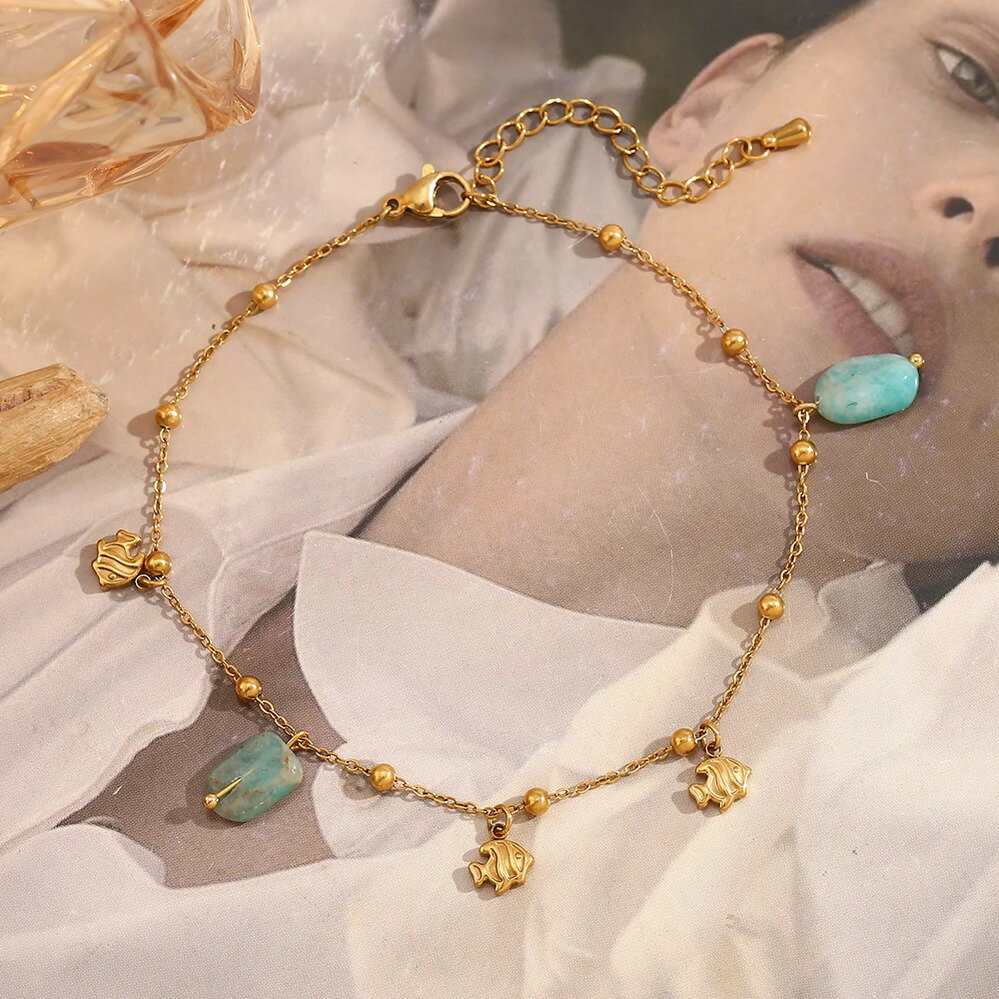 【クーポン利用で4150円】 ペンダント アンクレット ステンレス フィッシュ ゴールド チェーン ストーン 魚 かわいい アマゾン 316L スチール 18K プレート ジュエリー デコレーション ガール