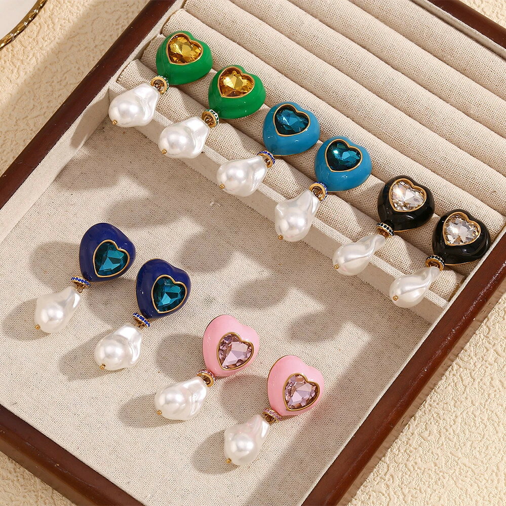 By Color - 【クーポン利用で5380円】 ピアス ラインストーン パール レディース バロック スタイル イミテーション カラフル ドリップ オイル スタッド ガール ジュエリー