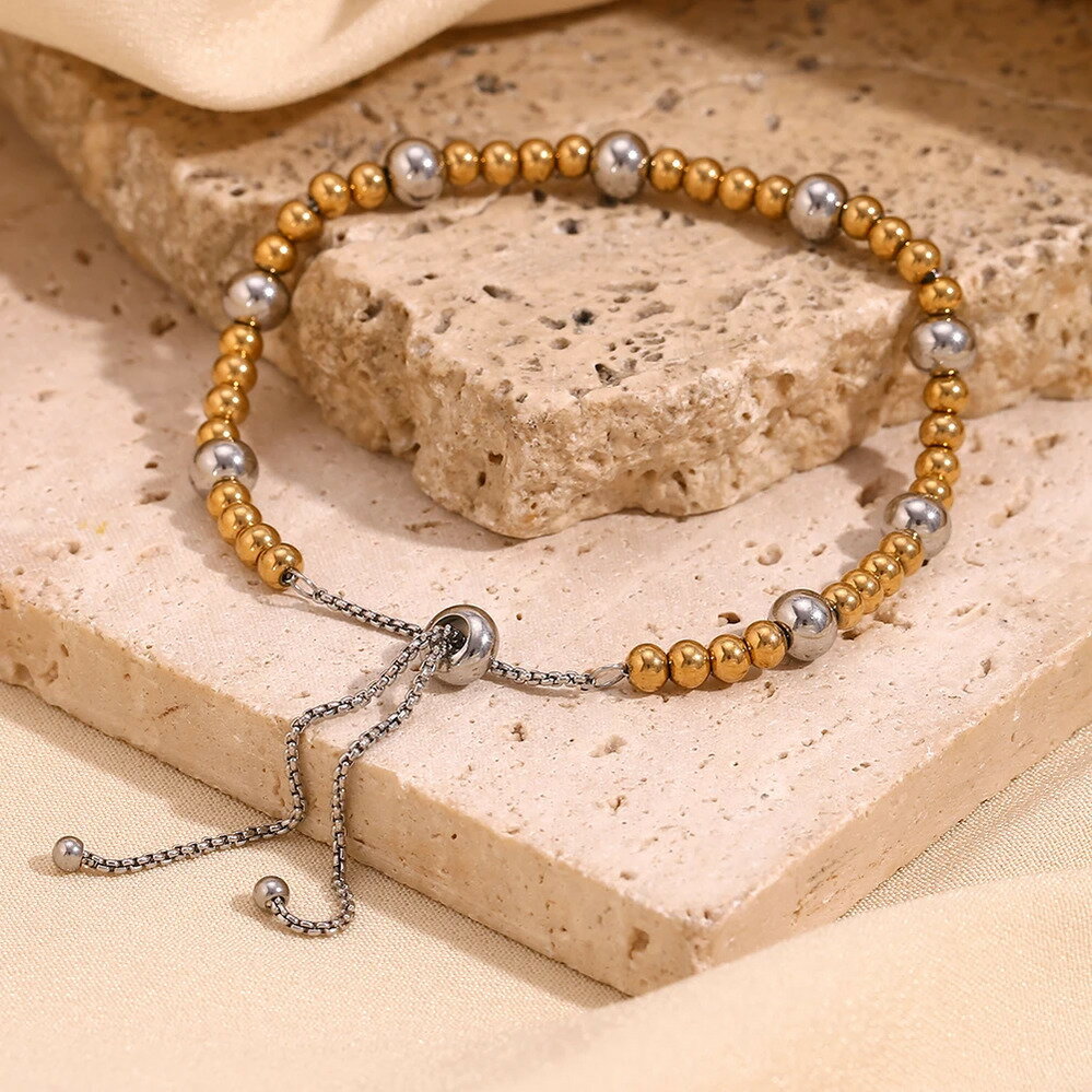 【クーポン利用で4310円】 ブレスレット ステンレス ゴールド ラウンド ビーズ レディース ダブル カラー 調整可能 18K プレート スチール ファッション ジュエリー ガール デイリー(4)