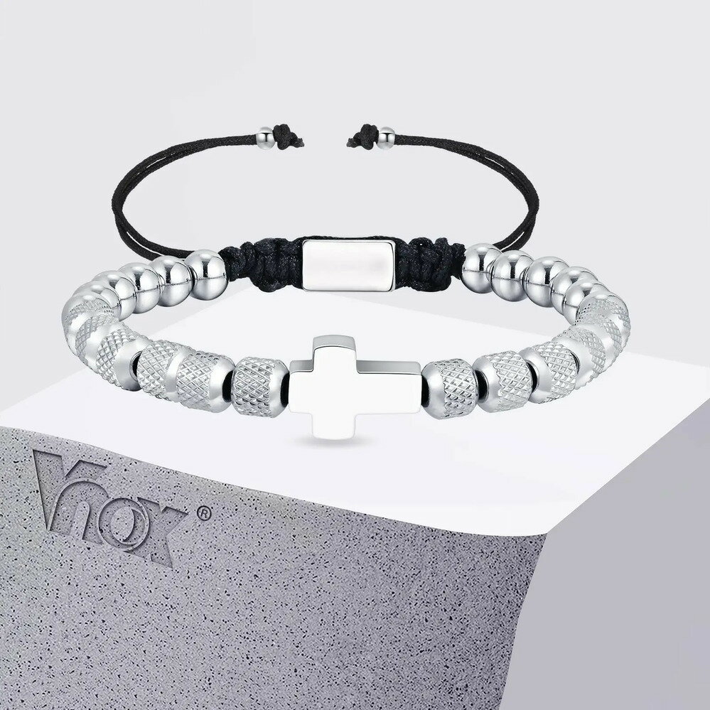 【送料無料】 ブレスレット ステンレス シンプル クロス ビーズ メタル メンズ 調整可能 スチール トレンド ジュエリー ギフト ティー..