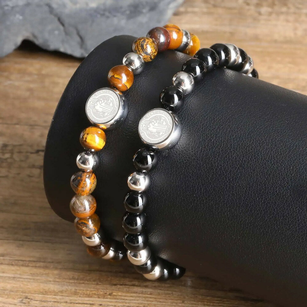 【送料無料】 チャーム ブレスレット ストーン ビーズ メタル ロープ メンズ レディース 聖人 ベネディクト 調整可能 光沢 メダル ナチュラル リストバンド...