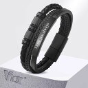 【クーポン利用で4150円】 バングル ブレスレット 黒 ブラック ステンレス レザー メンズ 3 レイヤー PU 織り込み リストバンド フリー パーソナライ...