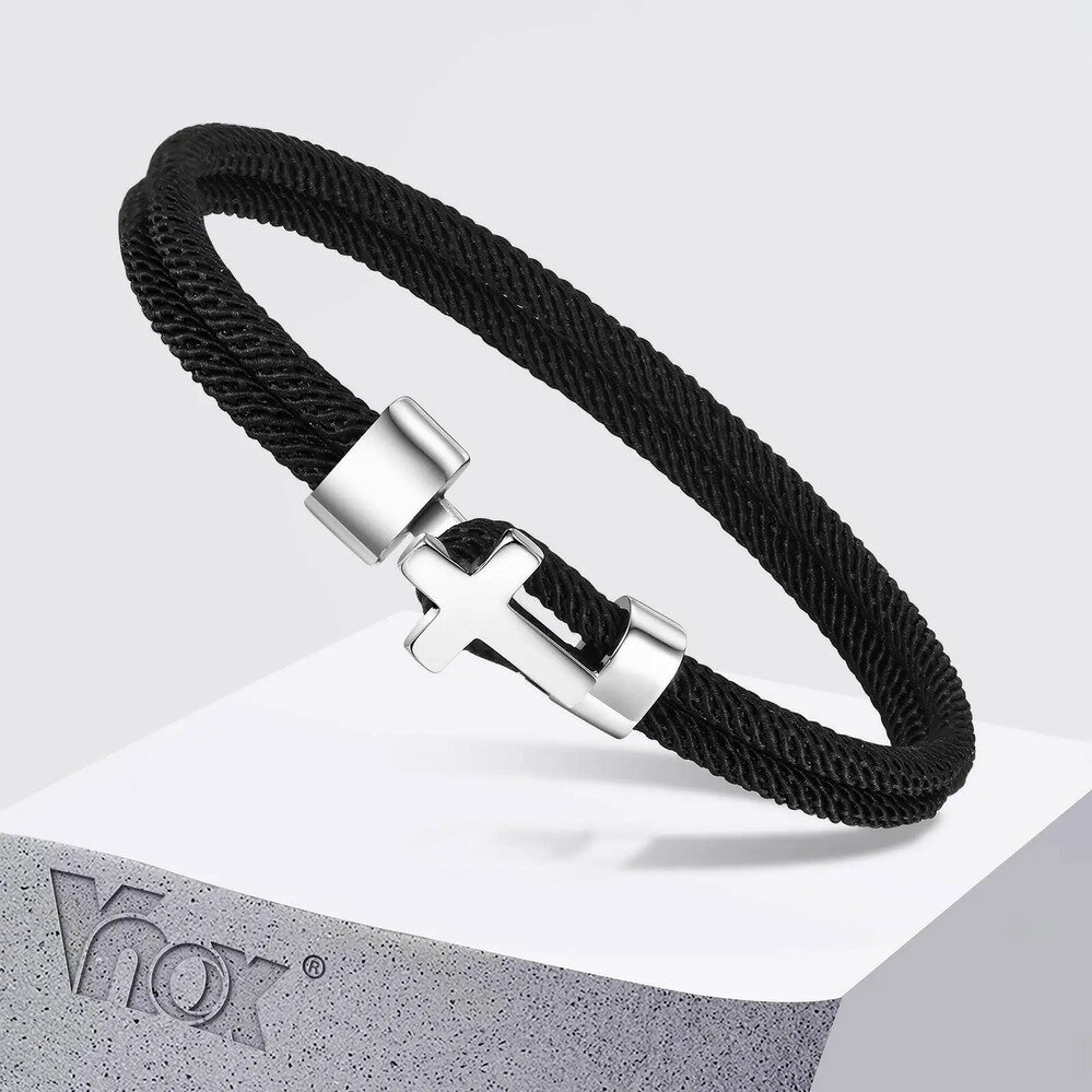 【送料無料】 チャーム ブレスレット ステンレス ブラック クロス ロープ メンズ 黒 ミラノ スチール ダブル レイヤー ファッション ジュエリー ギフト お...