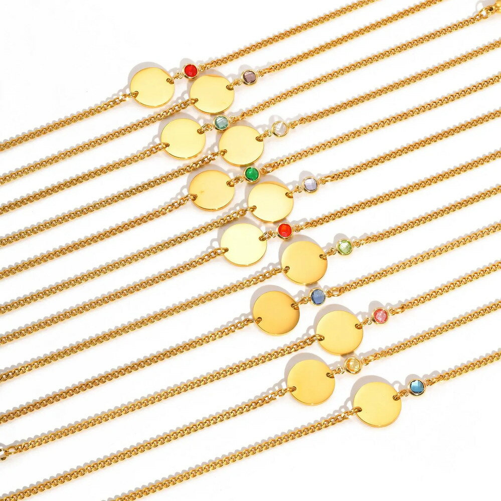 【送料無料】 チャーム ブレスレット ステンレス ラウンド ストーン メンズ レディース ユニーク 2 誕生ストーン 石 1月 12月 ブランク カラー スチー...