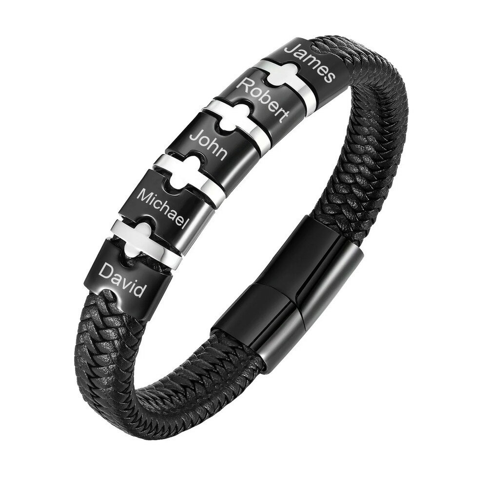 【送料無料】 チャーム ブレスレット ステンレス ブラック レザー ネーム メンズ フリー カスタム 黒 マイクロファイバー リストバンド スチール アクセサリ...