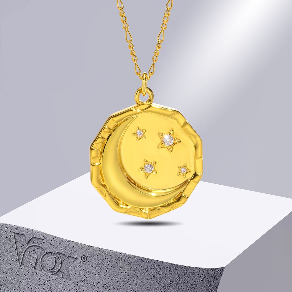 【送料無料】 ペンダント ネックレス ステンレス ゴールド ラウンド ストーン コイン 星 レディース 女性 月 ムーン スター カラー スチール AAA CZ クラシック 襟 ジュエリー