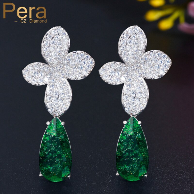 【送料無料】 ピアス 緑 グリーン 花 フラワー クリスタル ビンテージ ドロップ ロング 揺れる レディース 女性 ブロークン 氷 アイス ダーク CZ 大 水 ダングル パーティ ジュエリー