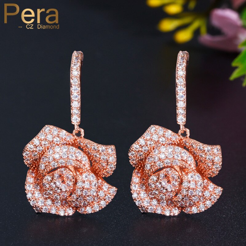 Cubic Zirconia - 【クーポン利用で6340円】 ピアス 花 フラワー ジルコニア ゴールド ドロップ プラント 植物 ピック キング ロング レディース 女性 ロマンチック ローズ カラー キュービック ジルコン パヴェ ハンギング ファッション 結婚式 ウェディング