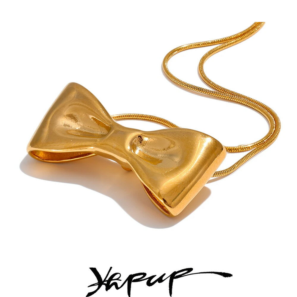 【送料無料】 チョーカー ペンダント ネックレス ステンレス ゴールド チェーン リボン メタル ロング レディース 調整可能 スチール 弓 結び目 トレンド テクスチャ ファッション ジュエリー