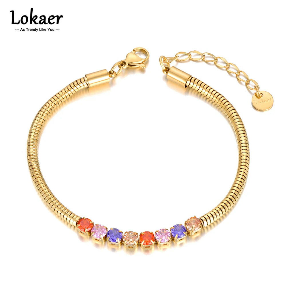 【送料無料】 ブレスレット 動物 アニマル ジルコニア ステンレス ゴールド チェーン ピック レディース 4mm カラフル キュービック ジルコン 蛇 スネイク ヘビ スチール ハンドメイド プレート ジュエリー