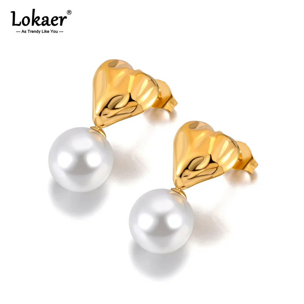 【送料無料】 ピアス ステンレス ゴールド ハート パール レディース ファッション シミュレーション ove スタッド スチール 18K プレート ハンドメイド デイリー ジュエリー E
