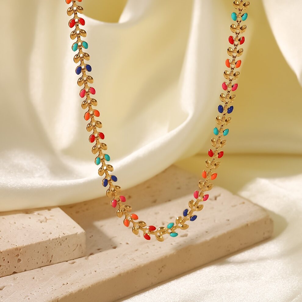 【クーポン利用で2800円】 ブレスレット ネックレス ステンレス ゴールド オリーブ プラント ピンク 木の葉 植物 レディース 18k プレート スチール アクセサリー セット ドリッピング オイル リーフ エナメル カラフル 襟