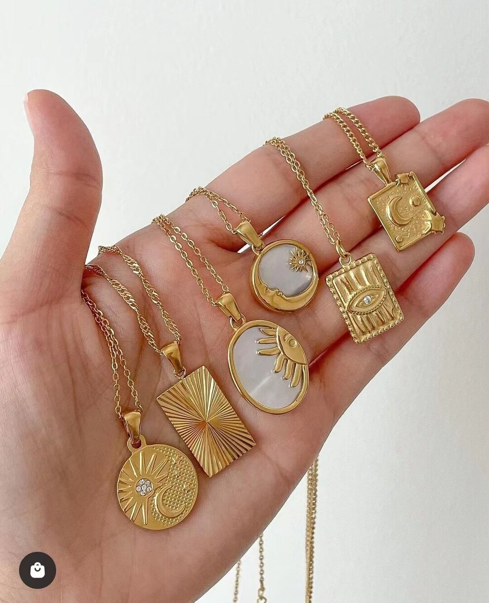 【送料無料】 ペンダント ネックレス ステンレス スクエア チェーン ラウンド トルコ シェル 月 星 レディース 女性 スター ムーン 貝殻 目 アイズ 四角 スチール ファッション チャーム トレンド ジュエリー