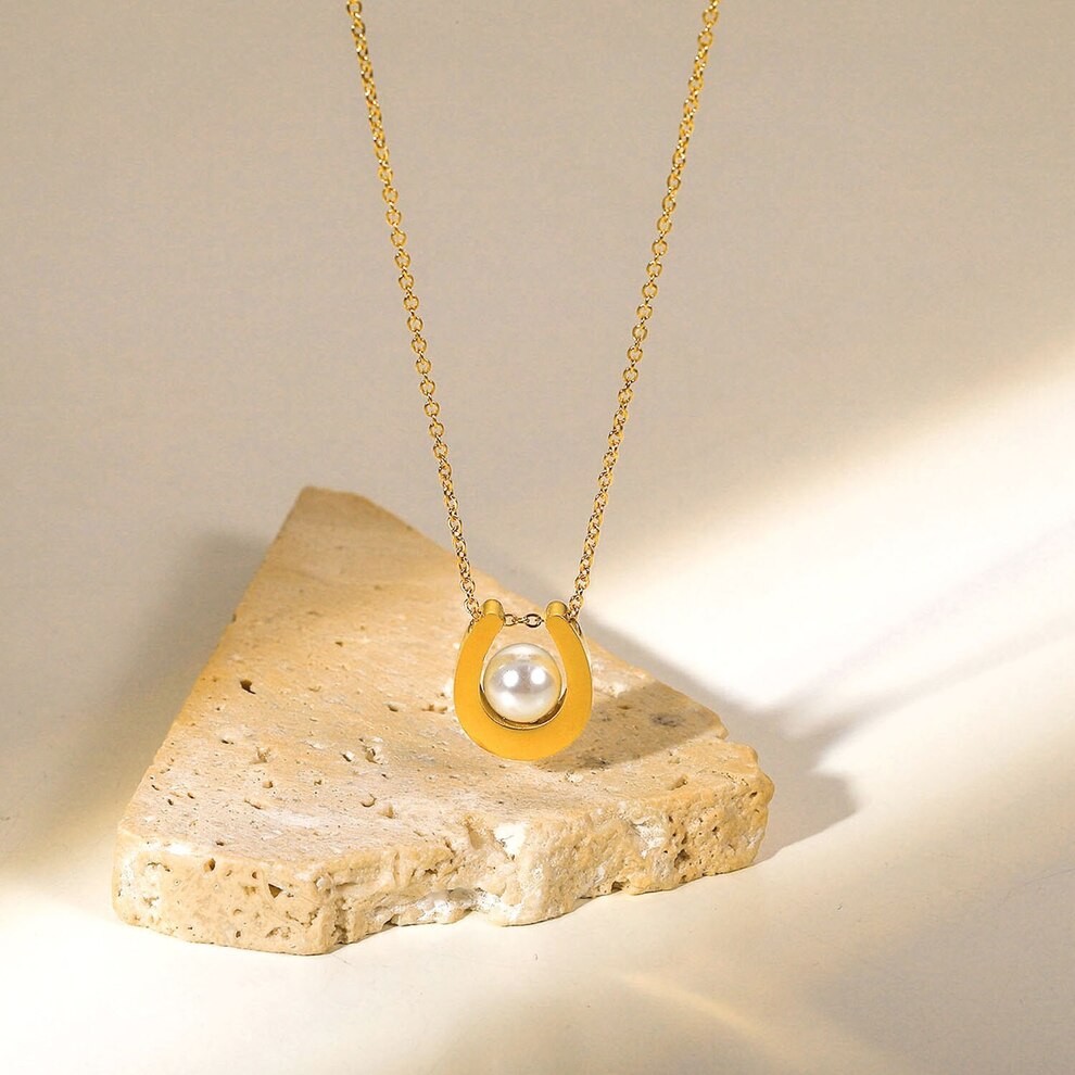 【送料無料】 ペンダント 指輪 リング ネックレス ステンレス ゴールド チェーン ラウンド パール 真珠 U レディース 女性 18k プレート リンク ギフ...