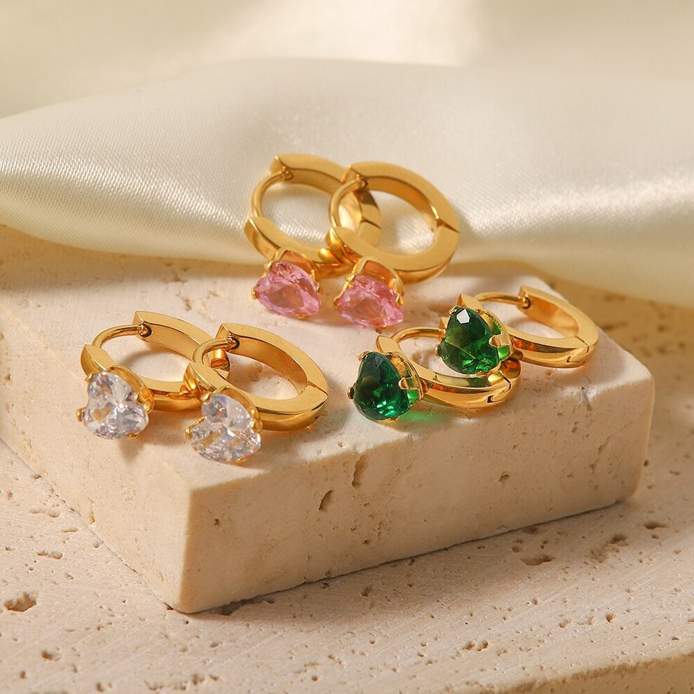 【送料無料】 ペンダント ピアス ジルコニア ステンレス ゴールド ハート フープ レディース 女性 トレンド カラフル ハート型 ジルコン ハギー 18k スチール ジュエリー