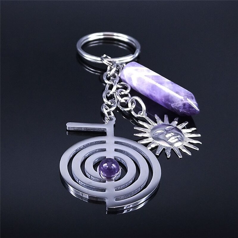 【送料無料】 キーホルダー 紫 パープル クリスタル ステンレス 六角形 リング 鍵 レディース 女性 ライフ スパイラル カラム クオーツ スチール キーリング ジュエリー ポルト キー ビジュー