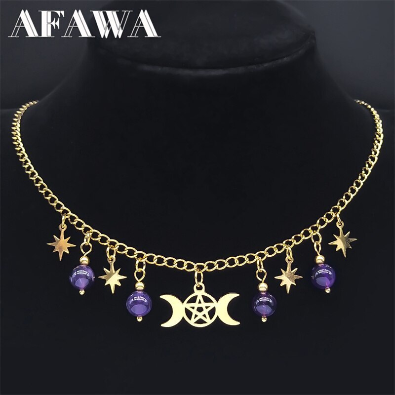【送料無料】 ネックレス 紫 パープル ステンレス 星 スター ゴールド ストーン 月 メンズ 男性 レディース 女性 魔女 ウィッチ トリプル ムーン 女神 五芒星 スチール カラー 神秘的 ガルガンティラ