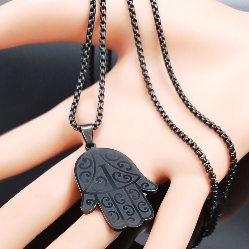 【クーポン利用で3320円】 ネックレス 黒 ブラック ステンレス チェーン ハムサ メ...