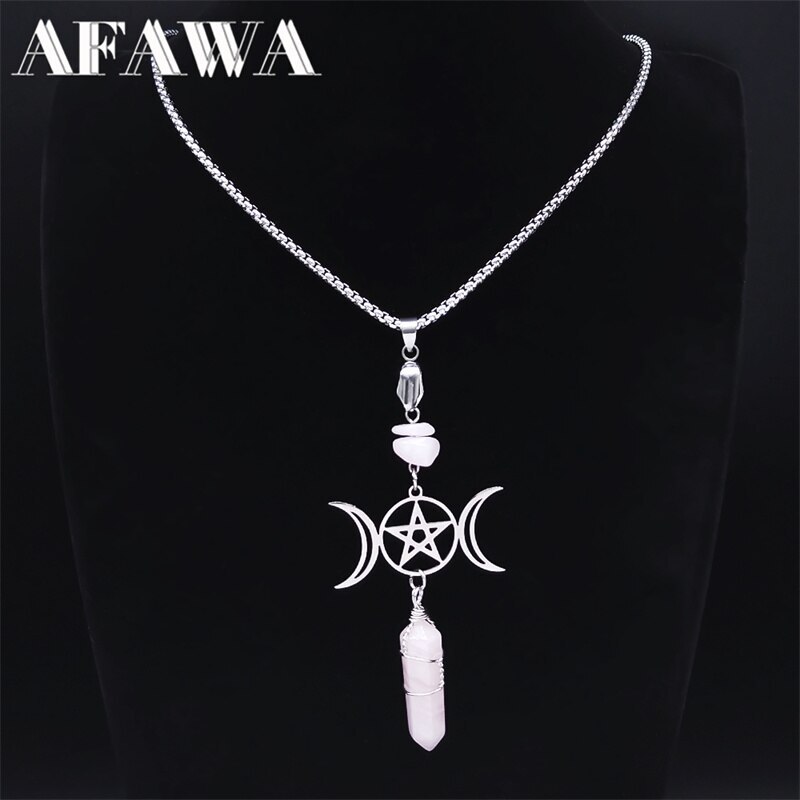 【クーポン利用で3460円】 ペンダント ネックレス クリスタル ステンレス ピンク 月 メンズ 男性 レディース 女性 魔術 ウィッチクラフト トリプル ムーン 女神 スチール ウィッカ 魔女 ウィッチ ジュエリー