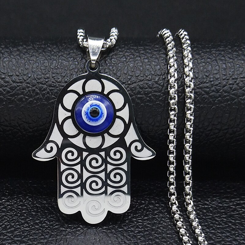 Cubic Zirconia - 【クーポン利用で3030円】 ネックレス ステンレス 青 ブルー シルバー ハムサ レディース 女性 目 アイズ ハンド スチール ステートメント カラー 大 ジュエリー 襟
