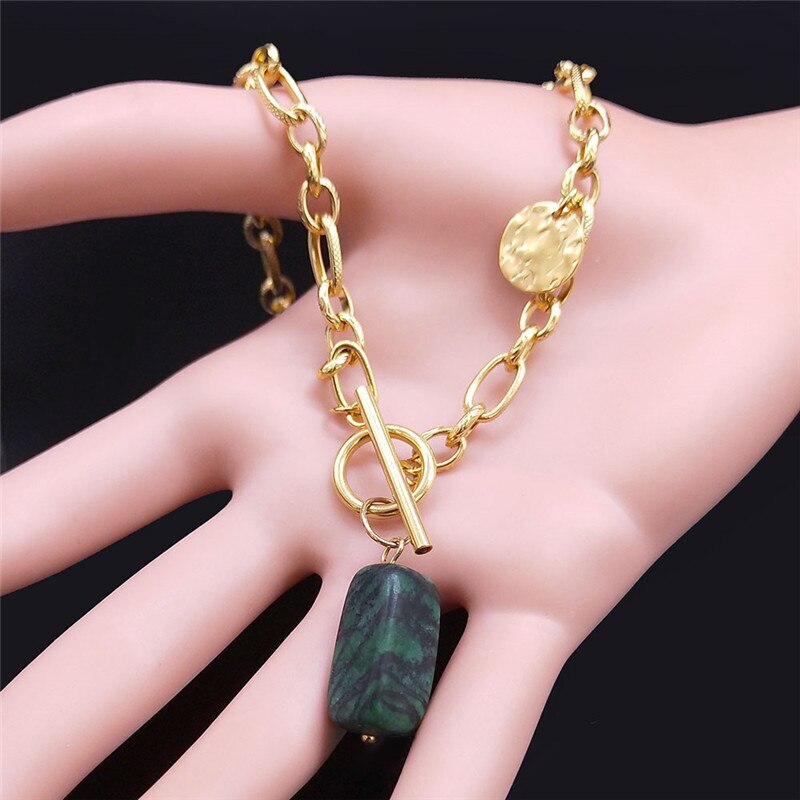 【送料無料】 チョーカー ネックレス 緑 グリーン ステンレス ゴールド ストーン レディース 女性 ファッション ナチュラル スチール カラー トレンド 襟 ジュエリー ギフト