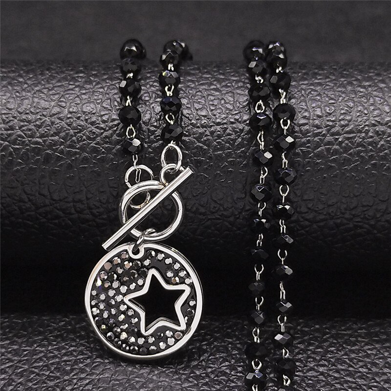 【送料無料】 】 ペンダント ネックレス 黒 ブラック クリスタル ステンレス 星 スター シルバー ビーズ レディース 女性 魔術 ウィッチクラフト 五芒星 スチール カラー ジュエリー
