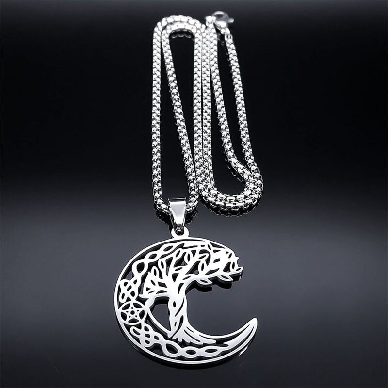 【送料無料】 ネックレス ステンレス 星 スター プラント 木 ウッドの葉 リーフ 木の葉 植物 月 メンズ 男性 レディース 女性 魔女 ウィッチ 五芒星 木 ウッド ツリー ライフ 三日月 ムーン スチール お守り 保護 プロテクション 女神 ジュエリー 炭鉱