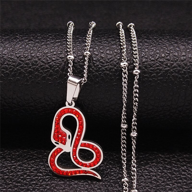 Cubic Zirconia - 【クーポン利用で3650円】 ペンダント ネックレス 動物 アニマル クリスタル ステンレス 赤 レッド シルバー レディース 女性 蛇 スネイク ヘビ スチール カラー ゴシック ジュエリー 襟
