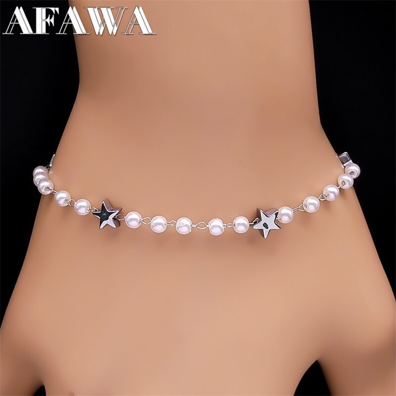 【送料無料】 ブレスレット ステンレス ビーズ パール 星 レディース トレンド スター イミテーション スチール パーティ ジュエリー ビジュー(4.0)