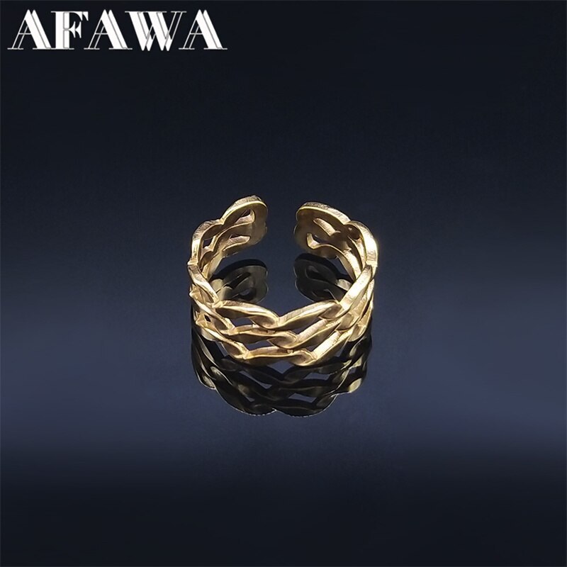 【クーポン利用で3190円】 指輪 リング ステンレス ゴールド レディース 女性 ファッション 3 リップル スチール カラー 調整可能 ジュエリー(4.0)