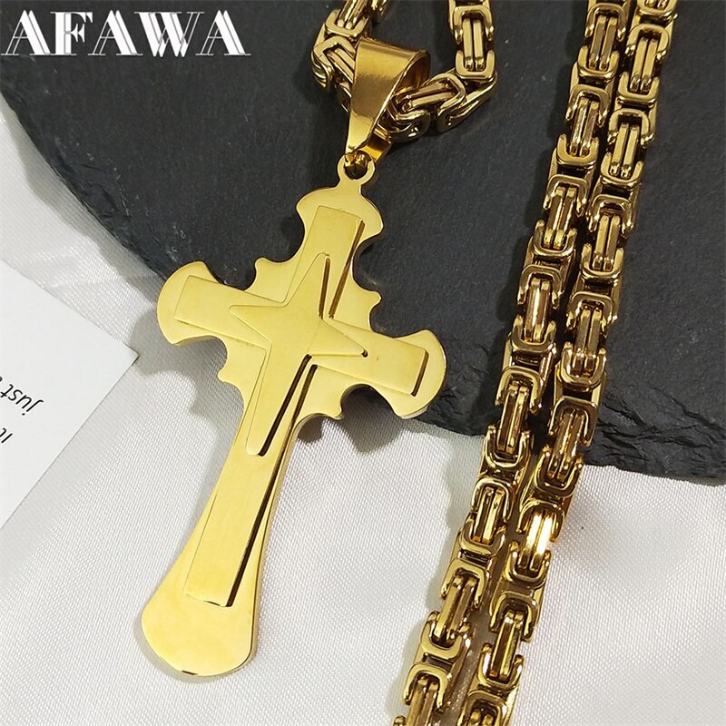 【送料無料】 ネックレス ステンレス ゴールド チェーン クロス レディース 女性 メンズ 男性 ビザンチウム スチール カラー キリスト イエス 十字架 祈り ジュエリー