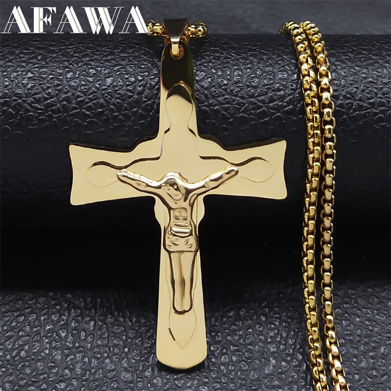 【送料無料】 ペンダント ネックレス ステンレス ゴールド チェーン クロス 十字架 メンズ 男性 イエス スチール カラー 宗教的 誕生日 ギフト ジュエリー コーラー