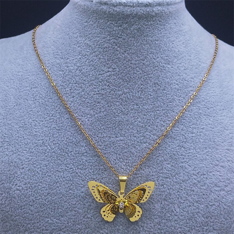 Rhinestone - 【送料無料】 】 ネックレス ラインストーン 蝶 バタフライ ステンレス インセクト コッパー カッパー 銅 昆虫 3D レディース 女性 透かし スチール フィリグリー ジュエリー 炭鉱