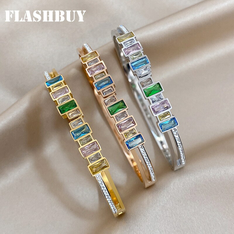 【クーポン利用で4790円】 バングル ブレスレット ラインストーン マルチカラー ジルコニア ステンレス ゴールド レディース 新しい シック ジルコン スチール チャーム カラー 防水 ジュエリー