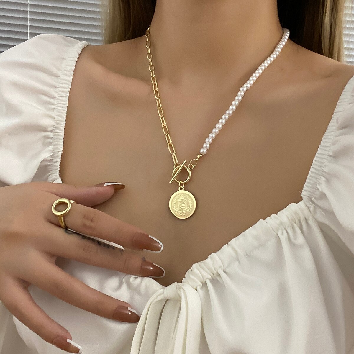 【クーポン利用で4360円】 ネックレス ステンレス ビンテージ チェーン ボート パール 真珠 コイン レ..