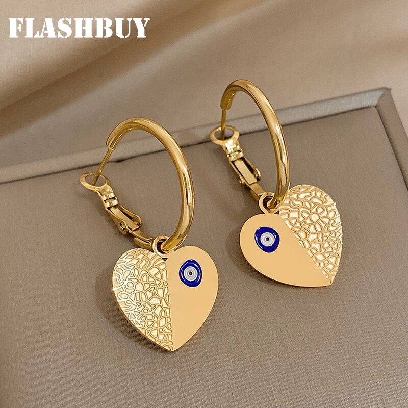 Yellow - 【クーポン利用で4140円】 ペンダント ピアス ステンレス ゴールド ハート フープ LOVE レディース 女性 スチール カラー Love ガール ユニーク デザイン パターン 目 アイズ ファッション ジュエリー