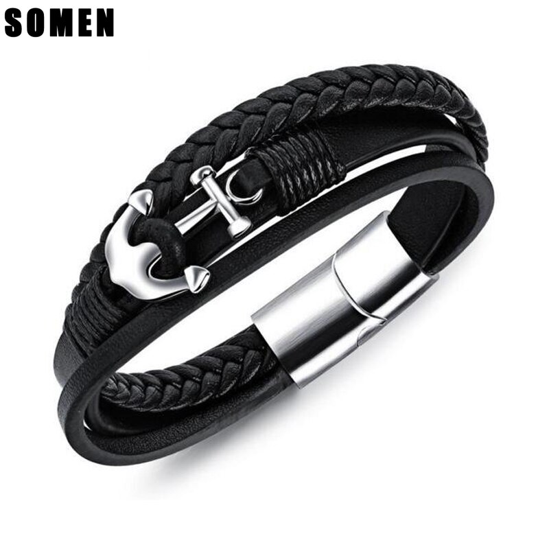 楽天FineJewelrys【送料無料】 ブレスレット 黒 ブラック ステンレス レザー レトロ いかり 錨 メンズ 22mm アンカー デザイン カラー 純正 スチール スタイル ボーイフレンド ギフト