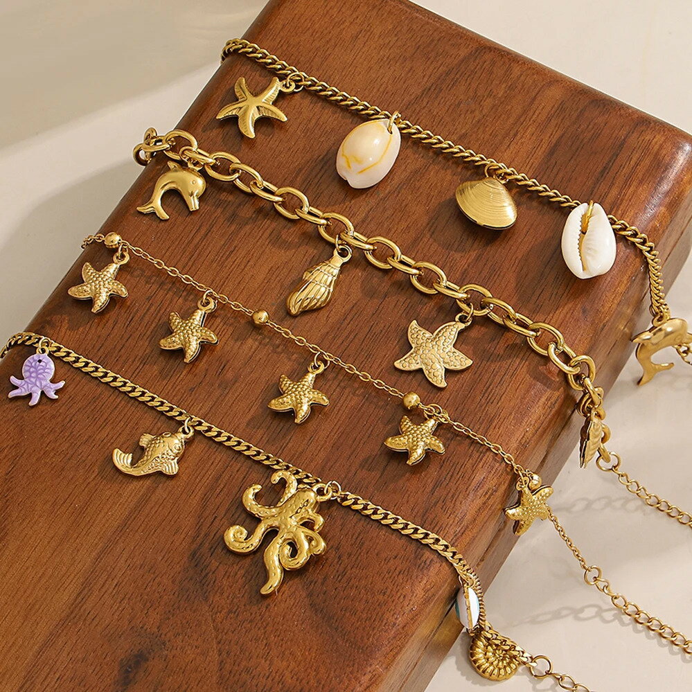 【クーポン利用で4040円】 ブレスレット 動物 アニマル ステンレス ゴールド イルカ シェル タコ レデ..