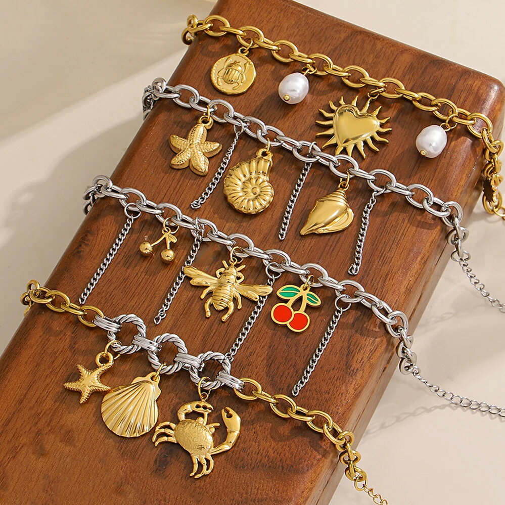 【送料無料】 チャーム ペンダント ブレスレット 動物 アニマル ステンレス フィッシュ ヒマワリ フルーツ プラント ハート ヒトデ シェル カニ 果物 昆虫...