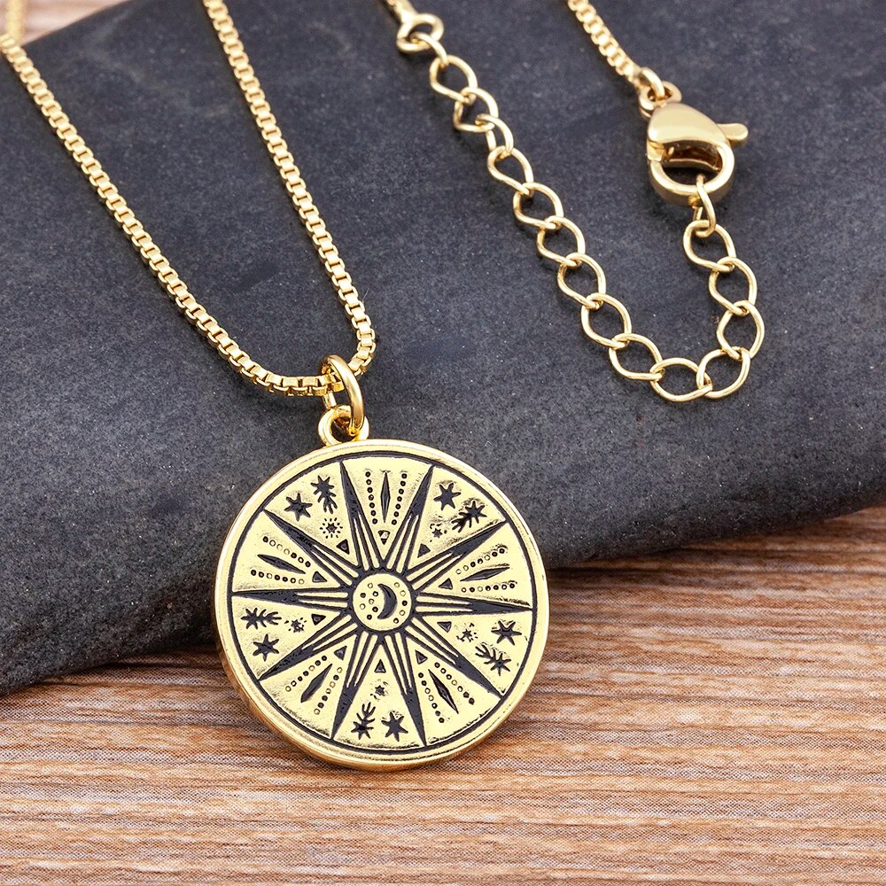 【送料無料】 ペンダント ネックレス コッパー シンプル カッパー 銅 月 レディース 女性 デザイン パンク スタイル 太陽 トーテム 象眼細工 ムーン 形 ...