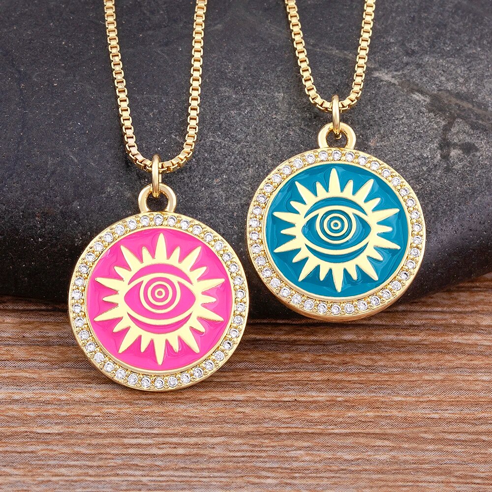 【送料無料】 ペンダント ネックレス クリスタル ラウンド トルコ ピンク レディース 女性 クラシック エナメル 4 カラー 象眼細工 悪 エビル 目 アイズ...