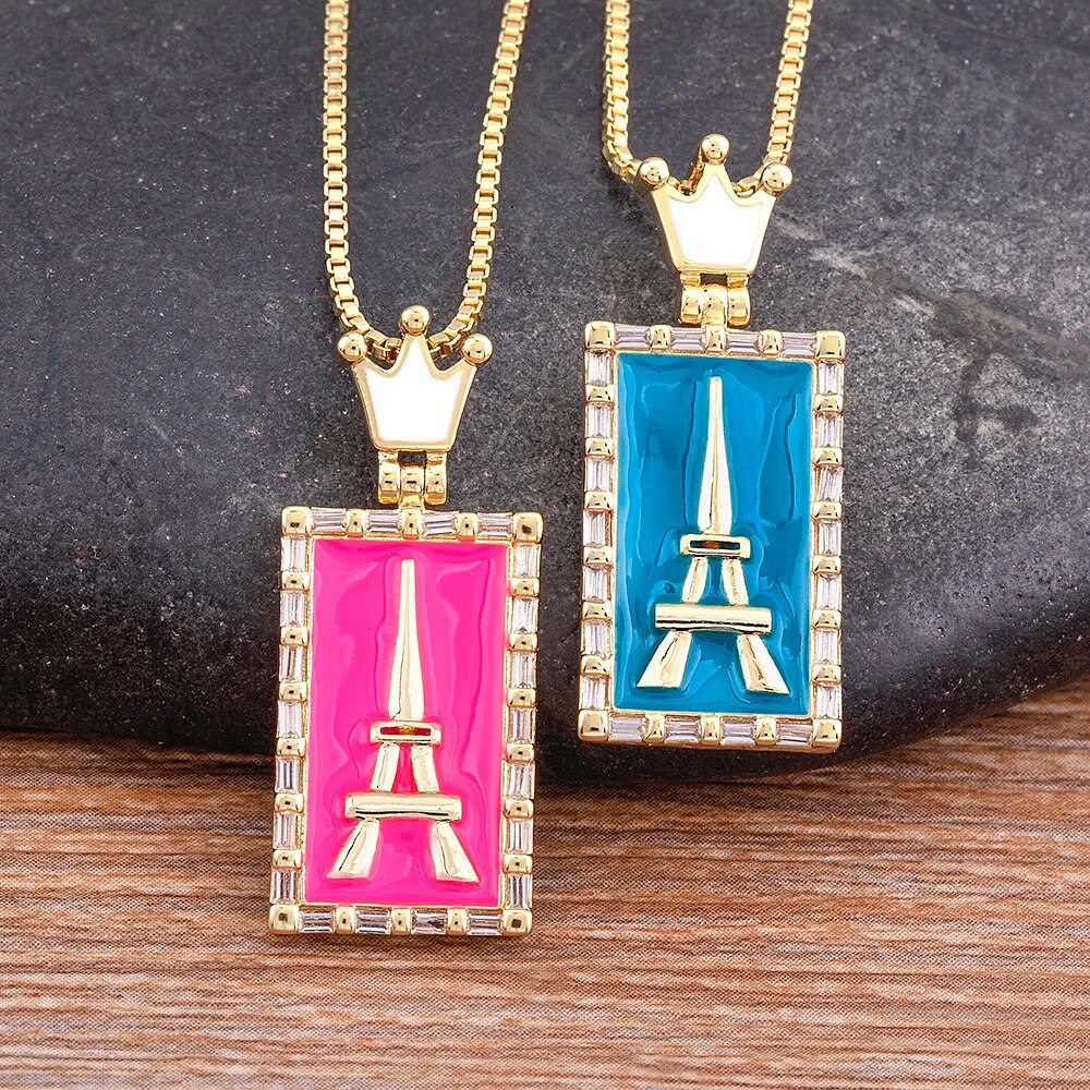 【送料無料】 ペンダント ネックレス クリスタル クラウン 王冠 ピンク レディース 女性 ライト 贅沢 エナメル 5 カラー 象眼細工 タワー オイル ドリッ...
