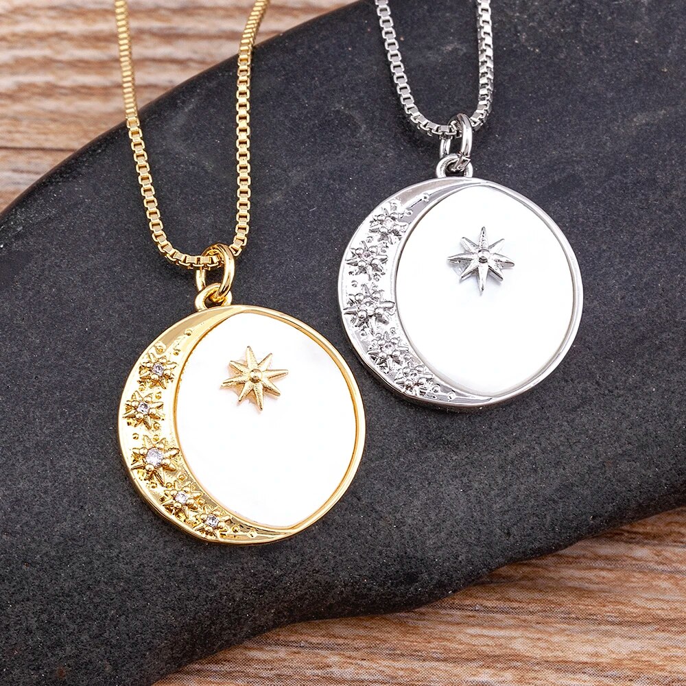 【送料無料】 ペンダント ネックレス クリスタル ラウンド レトロ 月 星 レディース 女性 ファッション デザイン 象眼細工 ムーン スター シェイプ ジルコ...