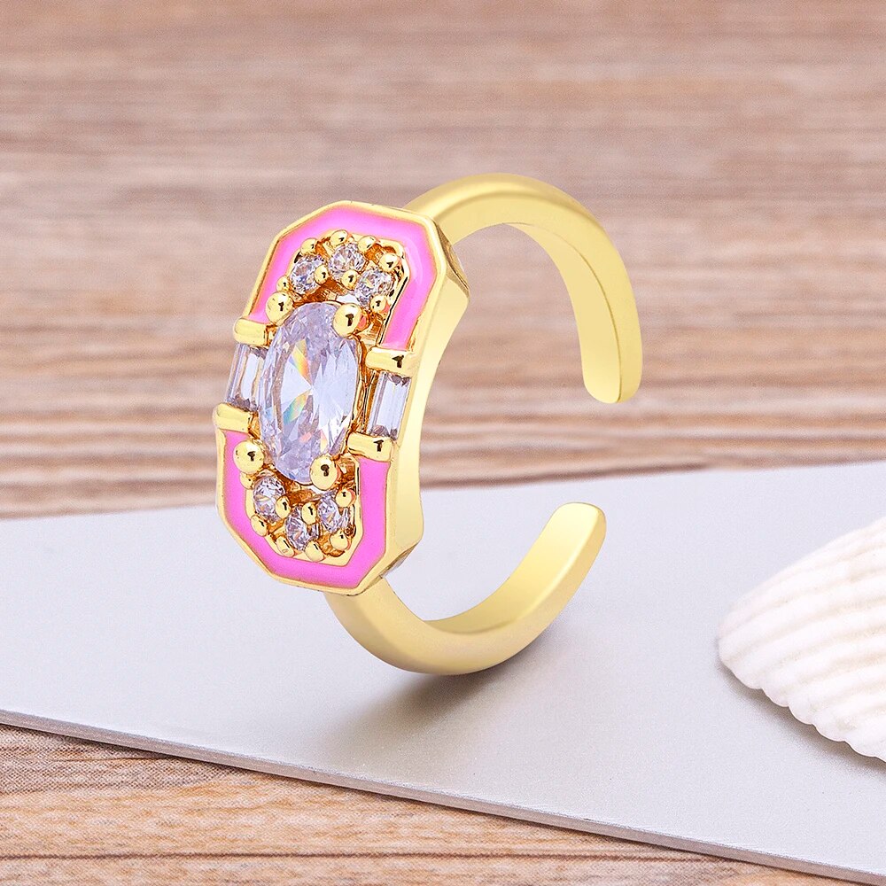 【クーポン利用で4180円】 指輪 リング レインボー ピンク カブ レディース 女性 トップ 品質 マイクロ パヴェ ジルコン バンド 虹 キャンディー カラー カフ ファッション アジャスタブル ネオン エナメル ドリッピング オイル オープニング ジュエリー