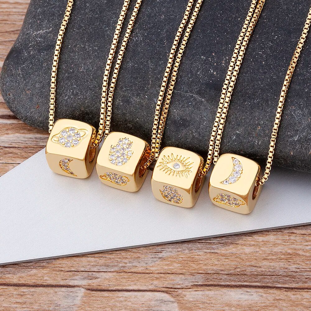 【送料無料】 ペンダント ネックレス ゴールド コッパー チェーン カッパー 銅 レディース 女性 デザイン かわいい キューブ 悪 エビル 目 アイズ ジルコ...