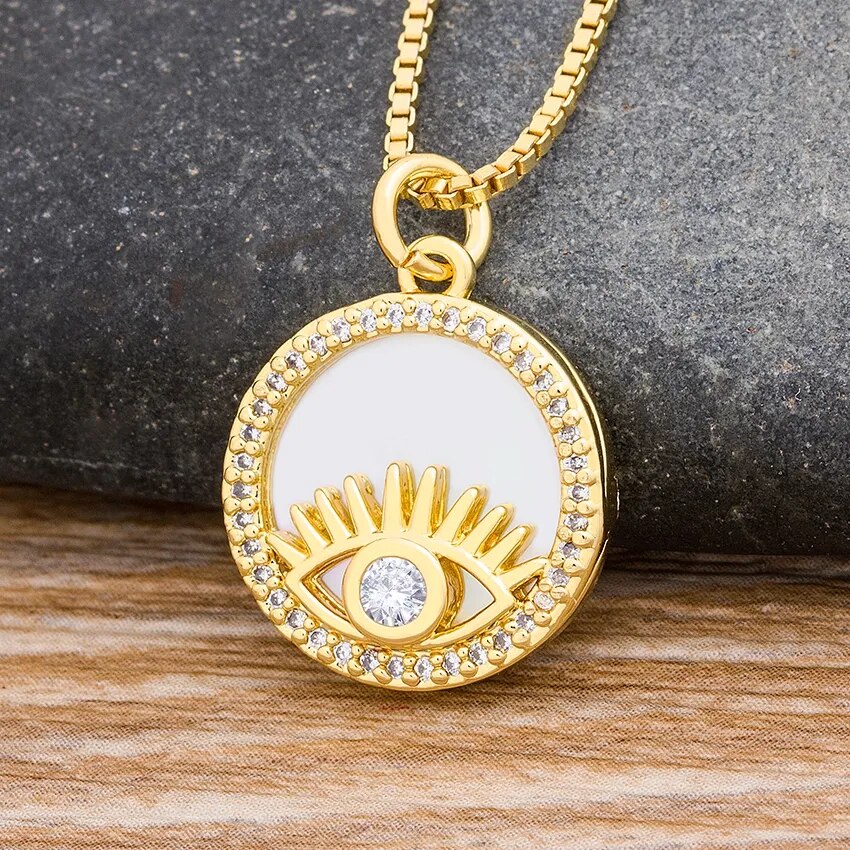 【送料無料】 ネックレス ゴールド コッパー チェーン ラウンド カッパー 銅 ロング レディース 女性 クラシック ラッキー 鍵 形 シェープ 悪 エビル 目 アイズ カラフル カラー マイクロ パヴェ CZ チャーム ファッション ジュエリー