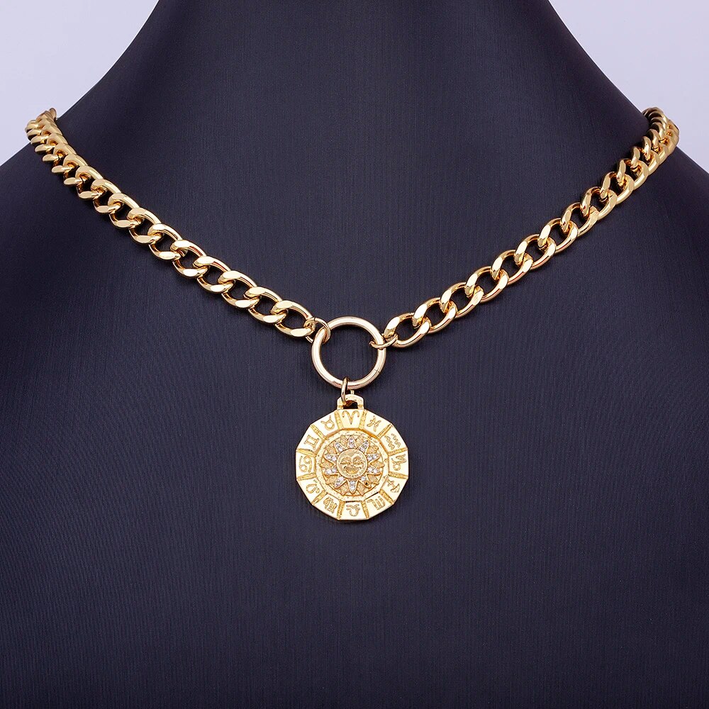 【送料無料】 ペンダント ネックレス クリスタル ゴールド レトロ レディース 女性 パンク スタイル デザイン 12 星 スター座 シンボル 太陽 安心 ヒッ...