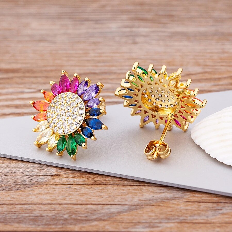 【送料無料】 ピアス 花 フラワー レインボー コッパー カッパー 銅 レディース 女性 ファッション 贅沢 太陽 スタッド 虹 ジルコン ラッキー 鍵 ジュエリー アクセサリー ベスト パーティ 結婚式 ウェディング ギフト