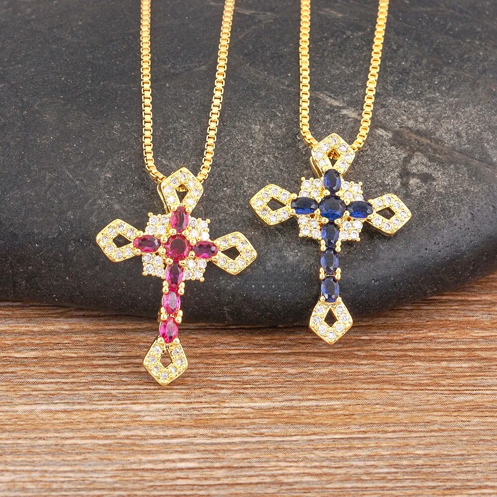 【送料無料】 ペンダント ネックレス クリスタル チェーン クロス 十字架 レディース 女性 5 カラー チャーム フル ジルコン イエス パーティ ギフト 鎖...